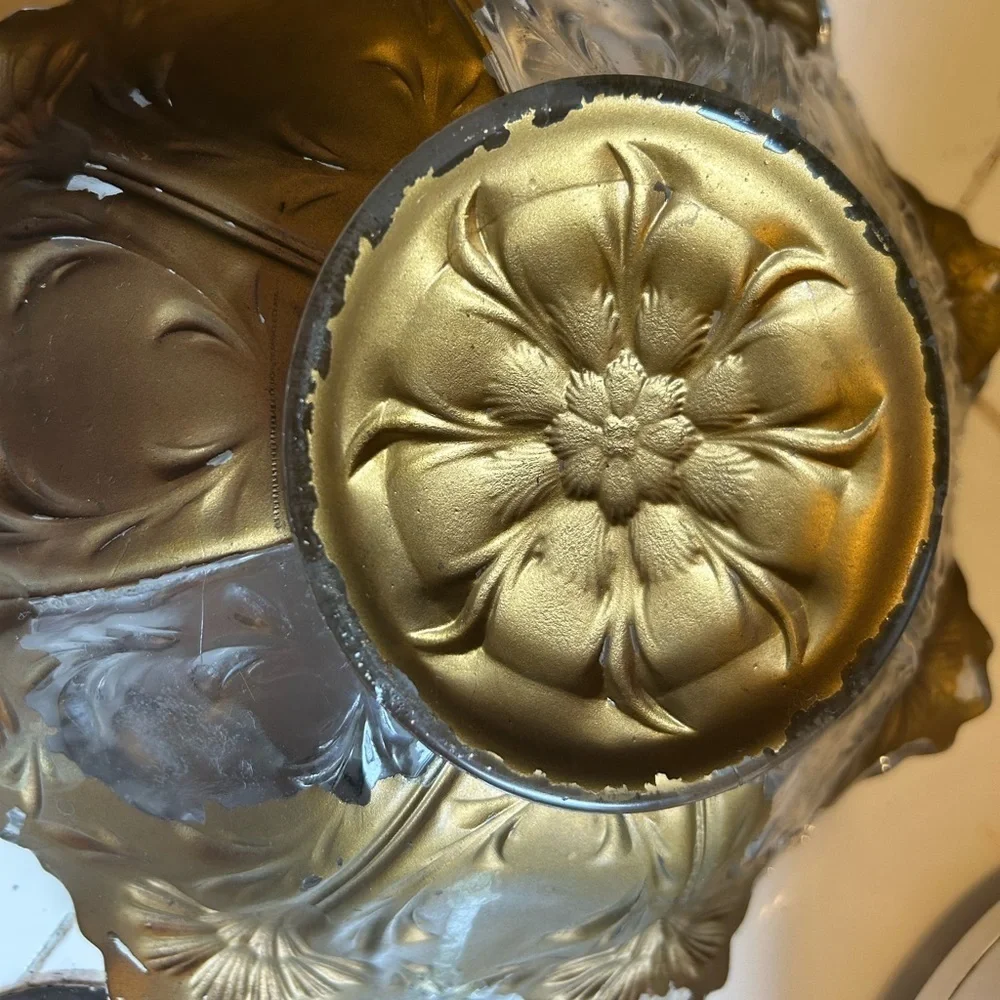 Antique Goofus Glass Bowl Red Carnation Gold Scalloped Intaglio Floral Dish MCM